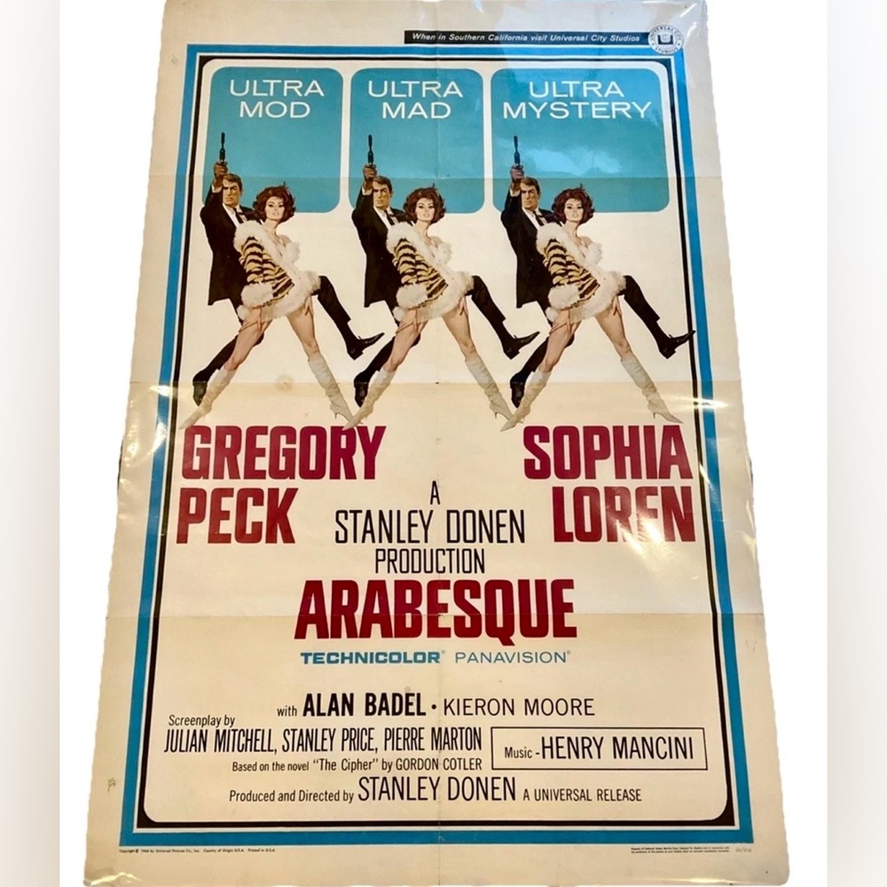 Original 1966 ARABESQUE Movie Poster 27x41 Gregory Peck Sophia Loren Universal